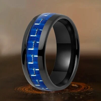 8 毫米男式女式硬质合金戒指蓝色白色碳纤维镶嵌舒适贴合 — 第 1/4 张图片
