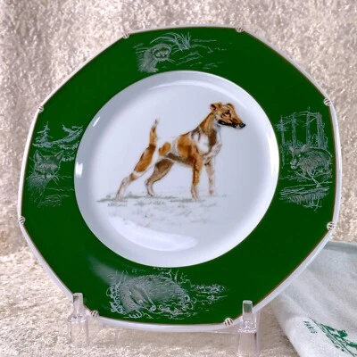 Vajilla de porcelana verde vintage Hermes Paris plato 20 cm liso Fox Terrier perro Foto 1 de 4