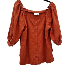 Asos Shirt Womens Orange Linen Blend 3/4 Sleeve Puff Shoulder Button Front - Picture 1 of 5