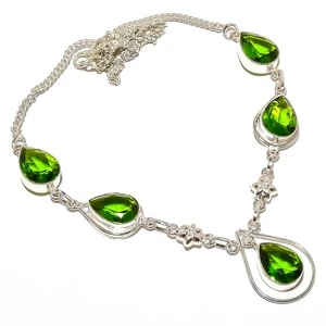 Natural Perodot Gemstone Chain Necklace 925 Sterling Silver Indian Jewelry - Picture 1 of 4