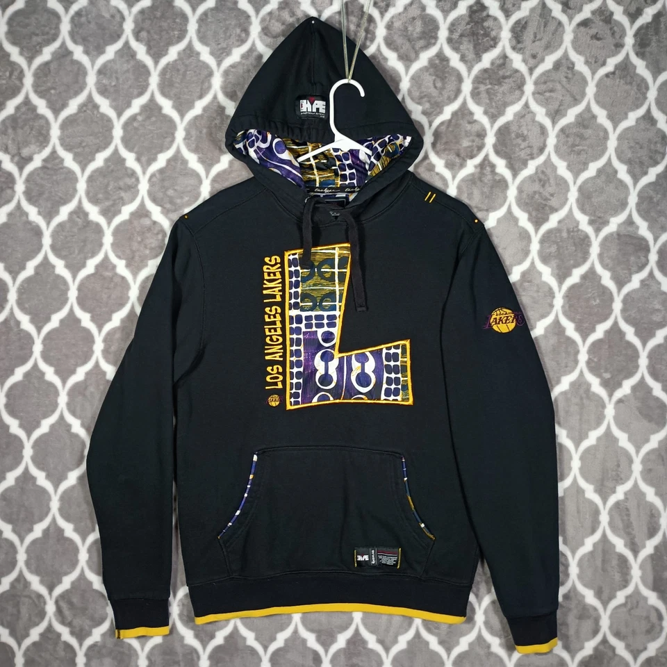 复古 Two Hype 洛杉矶湖人队连帽衫小号黑色 Kente 信 — 第 1/4 张图片