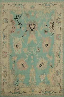 Turquoise Floral Oushak Area Rug 9x11 Ft Hand-Knotted Transitional Oriental Rug - Image 1 of 4