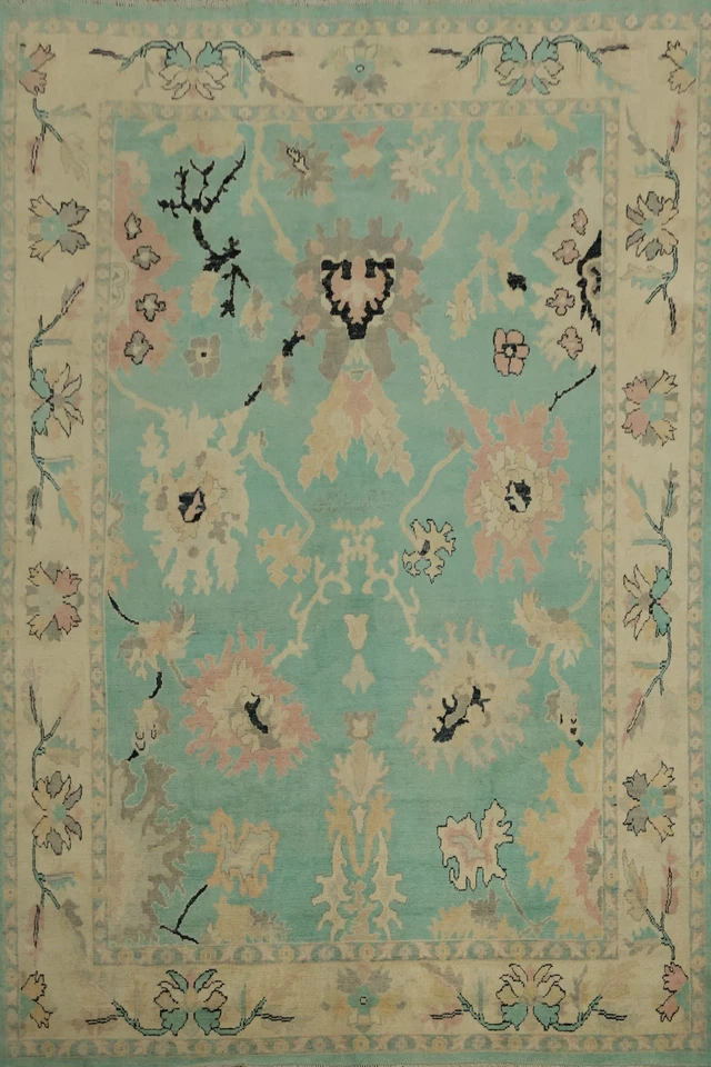 Turquoise Floral Oushak Area Rug 9x11 Ft Hand-Knotted Transitional Oriental Rug - Image 1 of 4