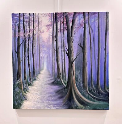 Pintura estilo Bob Ross acrílico lavanda caminho da floresta 36x36 enorme original - Imagem 1 de 2