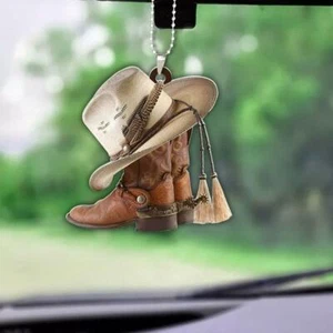FASHION BOOTS AND HAT COWBOY FLAT ACRYLIC CAR ORNAMENT NEW - Picture 1 of 13