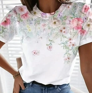 COLORFUL FLORAL PRINT SHORT SLEEVE ROUND NECK T-SHIRT TOP TEE WMNS PLUS 20 *NIP* - Picture 1 of 9