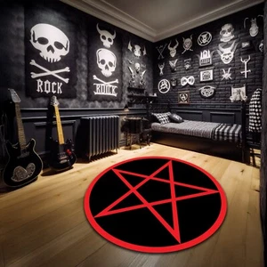 Black and Red Pentagram Rug Round Gothic Style Summoning Mat Pentacle Carpet - Picture 1 of 3