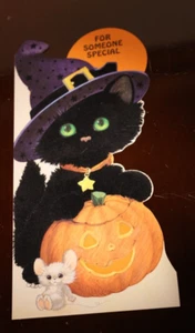 Vtg Halloween Greeting Card Black Cat KittenVelvety/Fuzzy Texture-No envelope - Picture 1 of 3