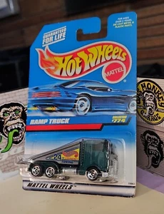 👓Hot Wheels 1998 #774🚧RAMP TRUCK Metalflake Green w/TILTING Gray Ramp⚡Chr 5-SP - Picture 1 of 9