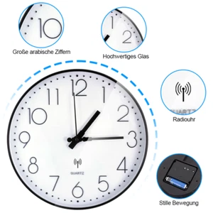 Funkuhr Lautlos Wanduhr Ohne Tickgeräusche Funkwanduhr Geräuschlos Wand Uhr weiß - Bild 1 von 11