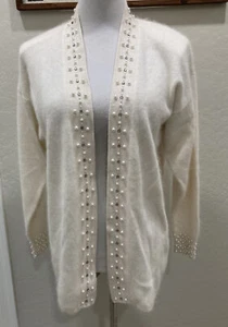 Eugenia by Angenie Winter White Open Cardigan SZ XL 40% Angora Embellished - Picture 1 of 16