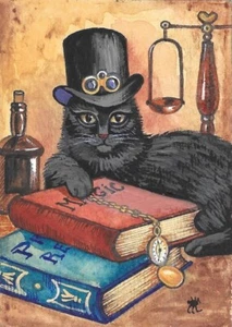 RELOJ HALLOWEEN ACEO IMPRESIÓN DE PINTURA GATO NEGRO MAGIA RYTA STEAMPUNK Arte Popular - Imagen 1 de 1