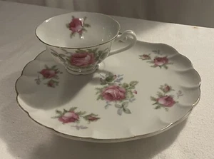 Tazza da tè e piatto snack vintage Lefton China "Elegant Rose" 2 pezzi dipinti a mano - Foto 1 di 11