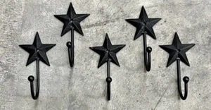 Set of (5) Star Shaped 4.5" Long Primitive Cast Iron Wall Hooks - Picture 1 of 2