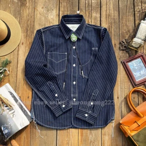 American Vintage 12.5oz Striped Shirt Indigo Indigo Denim Cargo Shirt for men - Picture 1 of 16