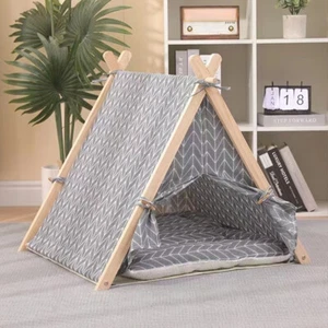 Tenda da Gioco per Animali Domestici Interni o Esterni in Legno e Tessuto Grigio - Foto 1 di 6