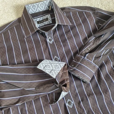ZAGIRI Men's Long Sleeve Flip Cuff Shirt Size XL Brown With White Stripe - Image 1 of 4
