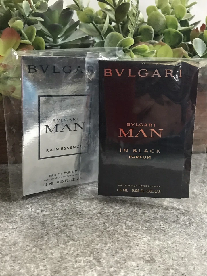 NUEVO 2 piezas Bvlgari HOMBRE en Negro y Esencia de Lluvia Hombres Colonia Muestra Frascos en Spray Foto 1 de 4