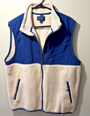 J.Crew Sherpa Fleece Vest Mens Cream Navy Full Zip Faux Shearling Warm Sz L - Image 1 of 4