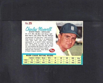 1962 POST #25 CHARLEY MAXWELL-3--TIGERS--NO CREASES--EX/MT - Image 1 of 2