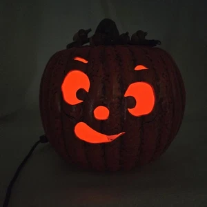 Vintage 1979 Keramik Kürbis Jack-O'-Laterne beleuchtet Halloween Deko Eichelblatt - Bild 1 von 18