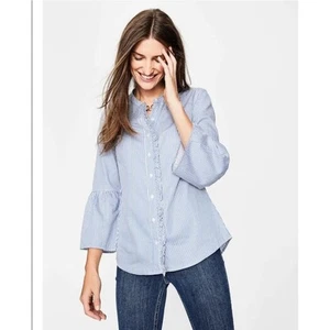 Boden blue and white striped bell sleeve button up blouse women's size 2 career - Picture 1 of 7