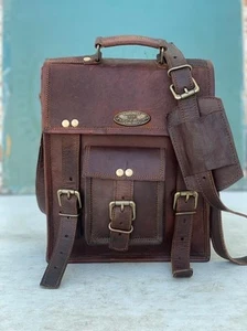 Men's Goat Vintage Handbag Brown Leather Crossbody Messenger Genuine Real Bag - Picture 1 of 7