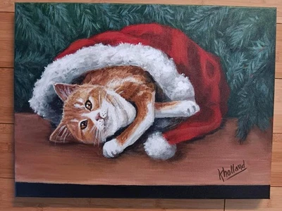 Original Christmas Painting " The Cat's In The Hat" by kholland 12x16 Cat - Image 1 of 4