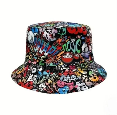 Multicolour HipHop Style Vibrant Street Graffiti Printed Double-Sided Bucket Hat - Image 1 of 4