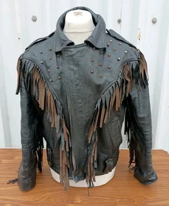 VINTAGE LEATHER TASSLES STUDS (ISSUES/RUST) FRINGE   BIKER JACKET MEDIUM  MENS - Picture 1 of 17