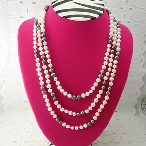 Fine White Peacock & Green 5 - 6mm 65" Ringed Cultured Pearl Continuous Necklace - Picture 1 of 7