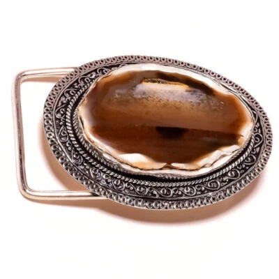 Коричневая агатовая очень большая винтажная пряжка для ремня ручной работы с окисленной гравировкой - Изображение 1 из 3