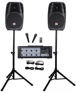Rockville RPG2X12 Package PA System Mixer/Amp+12" Speakers+Stands+Mics+Bluetooth - Picture 1 of 12