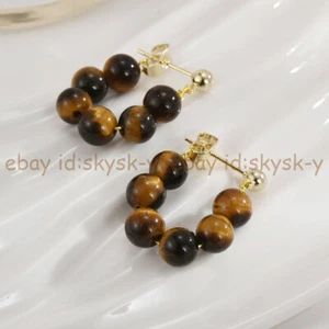 Natural Yellow Tiger's Eye 6mm Round Gemstone Beads Dangle Stud Hoop Earrings - Picture 1 of 6