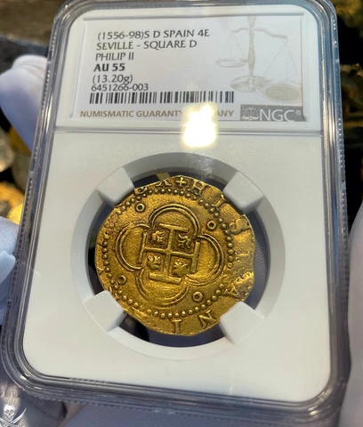 SPAIN 4 ESCUDOS 1556-98 TROPHY PIECE NGC 55 PIRATE GOLD COINS TREASURE DOUBLOON Cover
