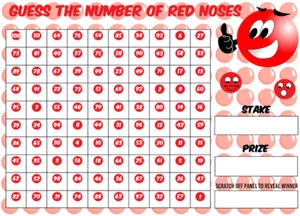 GUESS THE NUMBER OF RED NOSES SCRATCHCARD 100 Player Game COMIC RELIEF DAY EVENT - Picture 1 of 1