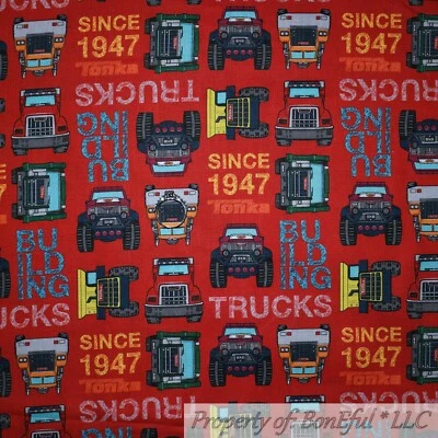 BonEful FABRIC FQ Cotton Quilt Red Blue Black TONKA 1947 Truck Car Jeep Boy Toy  - Image 1 of 4