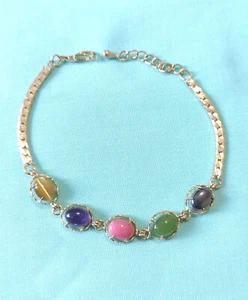 Vintage Gold Plate Gemstone And Glass Cabochon Bracelet 8in Amethyst Jade  - Picture 1 of 12
