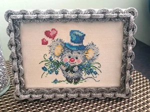 Quadro punto croce con cornice rifinito adorabile topo fiori amore regalo romantico - Foto 1 di 3