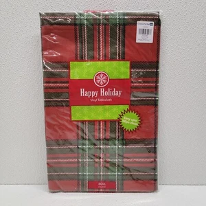Elrene Christmas Holiday Vinyl Tablecloth Round 60" Red & Green Plaid - Picture 1 of 8