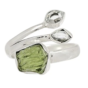 Moldavite & Herkimer Diamond Sterling Silver Adjustable Ring - Picture 1 of 4
