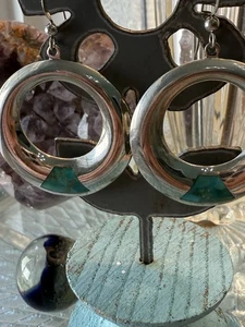 Sterling Silver Fish Hook Dangle Hoop Earrings With Turquoise Inset - Picture 1 of 4