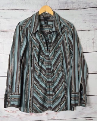 Lane Bryant 女式上衣 26/28 码蓝棕色条纹钩眼长袖  — 第 1/4 张图片