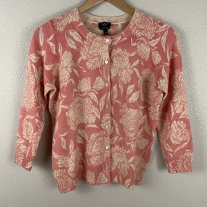 Talbots Womens M Petite Pink And Cream Floral 100% Cashmere Cardigan Sweater - Picture 1 of 4