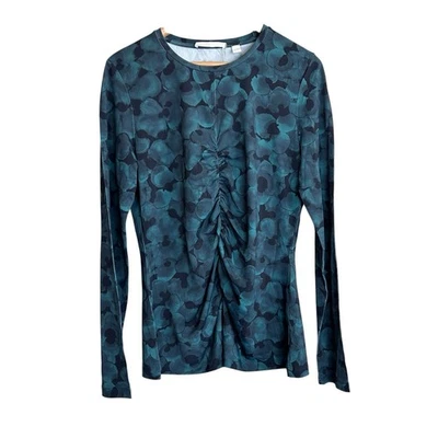 HUGO BOSS Top Womens Large Green Black EGILIA Long Sleeve Floral Ruched New - Image 1 of 4