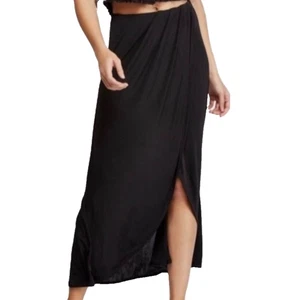 Free People Midi Skirt Black Tulip-Hem Pull-On Skirt Size Small Raw-Edge Hem - Picture 1 of 11