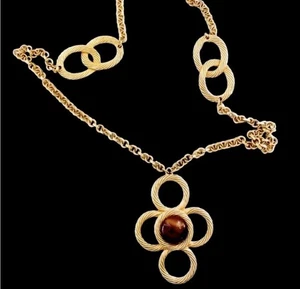 Vintage Accessocraft Brown Cabochon Gold Tone Station Necklace - Picture 1 of 5