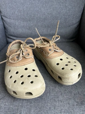 Crocs Islander Pitcrew Mens Size 7 Womens 9 Brown Leather Lace Up Boat Shoe Clog - Image 1 of 4