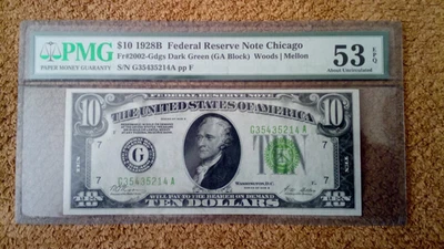 1928 SERIES B $10 TEN DOLLAR BANKNOTE, VERY NICE, AU, PMG 53 EPQ, CHICAGO-ISSUED - Image 1 of 4