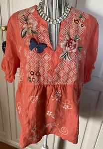Johnny Was Coral Linen Embroidered NWT!  Blouse Top, Size XL JW 45 $250 - Picture 1 of 6